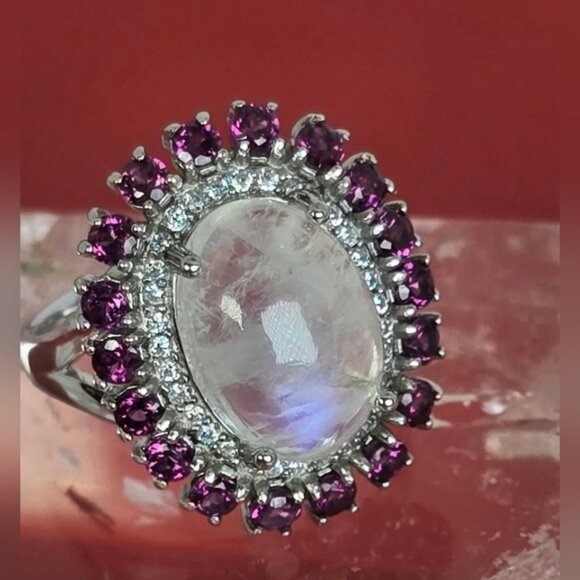 925 Sterling Silver Ring with Natural Moonstone & Rhodolite Garnet Gems - Picture 3 of 12